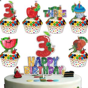 Colorful Glitter 1pcs Cake Topper 12pcs Cupcake Topper Cheer to Hungry Caterpillar Butterfly Baby Shower Reading Story Theme Decor Supplies Boys Girls Happy 3rd Birthday Party Decorations