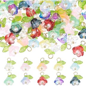 arricraft 60 Pcs 10 Colors Glass Flower Charms, Colorful Crystal Flower Pendant with Pearl Clear Lampwork Floral Charms Trumpet Flower Beads for Jewelry Making Craft, 3.5mm Hole