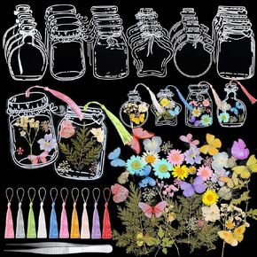 Taobary 131 PCS DIY DIY DRAPRANT FLOWMART LOCKMARM STING THELEDMANDE HANDEMANDS DIY مع أزهار مضغوطة مجففة أوراق ملصقات فراشة شرابات ملونة وملاقط لكاتب القارئ (لون المعكرون) in Kuwait