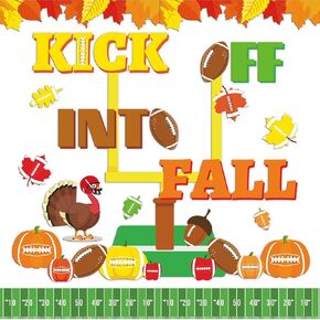 158pcs Kick Off into Fall Bulletin Board Set with Thanksgiving Football Classroom Decorations Autumn Maple Leaves Cutouts with Glue Points for School Classroom Blackboard