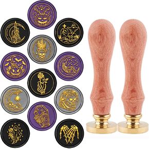 Craspire Halloween Wax Seal Seal Set 12pcs Sealing Wax Stamps 25mm Retro Removable Brass Brass مع 2pcs مقبض الخشب لدعوات الزفاف (Skull Pumpkin Bats Ghost Spider Web Web Healdon)