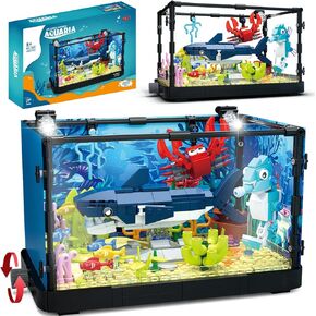 Fish Tank Building Block Compatible with Lego Sets for Adults, Lighting Aquarium Sets Including Marine Life and Succulent, STEM Toys for Boys Girls 8+, Gifts for Kids, Ocean Lovers (648 PCS) - Shark