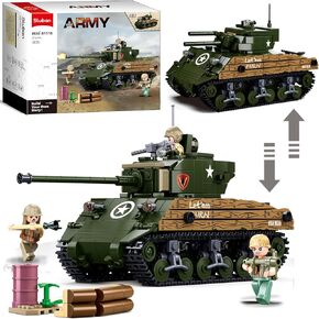 WW2 Army Tank Set, Inspired M4A3 76W Medium Tank Brick, 2 in 1 Military Tank, 3 Soldier Minifigures, Gifts for 6-12 Year Old Kids and Adults, Compatible with Lego Army Set, 715 PCS