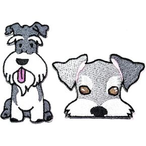 Patch Set of 2 Gray Puppy Dog Embroidered Patch Cute Schnauzer Dog Cartoon kids Sew Iron On Patches Clothes Dress Plant Hat Jeans Sewing Applique DIY Accessory