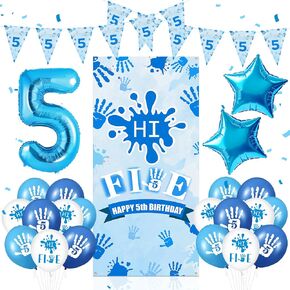 Hi Five Birthday Party Decorations for Boys Blue 5th Birthday Door Cover Banner with 40" Number 5 Foil Balloon 2Pcs Star Balloons 18Pcs Latex Balloons Triangle Flag for 5 Year Old Birthday Anniversary Party Supplies