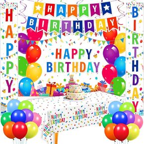Colorful Birthday Party Decorations Set Rainbow Happy Birthday Banner Backdrop Hanging Banner Porch Sign Swirl Streamers Tablecloth and 18pcs Balloons Decor for Kids Boys Girls Outdoor Indoor Supplies