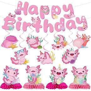 Axolotl Birthday Party Decorations - 12 PCs Pink Cute Cartoon Animals Happy Birthday Banner Ceiling Hanging Swirls Streamer Decor Table Honeycomb Centerpieces Favors for Kids Girls Backdrop