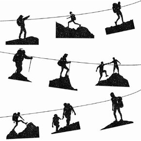 Y 9pcs Black Glitter Silhouette Climbing Banner for Rock Climbing Sport Go Hiking Theme Party Background Decorations Men Women Adventurer Climber Happy Birthday Party Decor Supplies