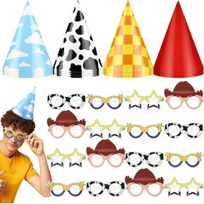 32 Pcs Cartoon Story Party Supplies 16 Pcs Birthday Inspired Party Cone Hats and 16 Pieces Cartoon Story Paper Eyeglasses Birthday Decorations