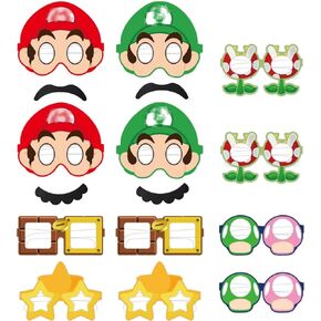 حفلة عيد ميلاد PROP Party حزم لمستلزمات الحفلات تحت عنوان Mario ، 12 أقنعة نظارات Super Brother Paper Party و 4 شارب مزيف ، من أجل هدية لعبة الأصدقاء الذين يجمعون الأصدقاء ، صغيرة ؛ PDML