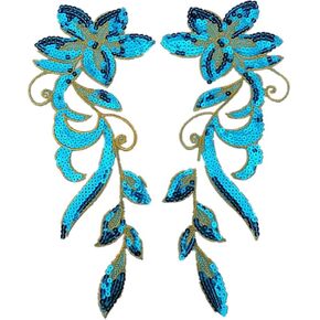 1 Pair Dancing Flower Sequin Sew Iron on Applique Embroidered Patches-SkyBlue