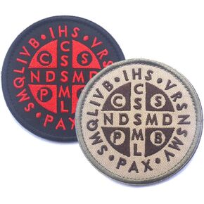 2 PCS Saint Benedict Cross Patches Embroidered Morale Patch Hook and Loop(Khaki Black)