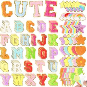 Chenille Letter Patches Self-Adhesive for Clothing: KINGSOW Preppy 129PCS Varsity Sew On Stickers - Cute Rainbow Lightning Sequin Star Patch for DIY Crafts Trucker Hats Makeup Bags