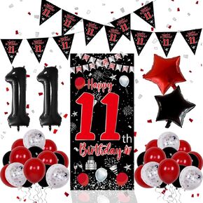 11th Birthday Decorations for Boys Girls, Red Black Happy 11th Birthday Decorations, 11 Year Old Boy Birthday Door Banner, Triangle Flag, Large Number 11 Balloons Bday Party Decor for 11th Kids