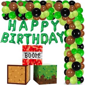 110Pcs Pixel Happy Birthday Party Decorations Set Pixel Miner Balloon Garland Arch Kit Mining Birthday Boxes Decor Video Game Themed Crafting Party Backdrop Supplies for Kids Teen Gift Favor