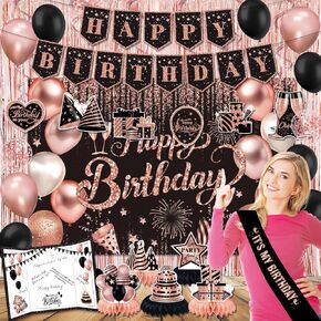 Rose Gold Birthday Party Decorations, Birthday Decorations for Women Include Happy Birthday Banner, Guest Book, Backdrop, Hanging Swirls, Balloons, Fringe Curtain and Sash, Birthday Party Supplies
