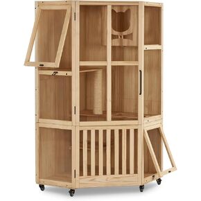 Lovupet Large Corner Cat House Villa ، شقة القط الخشبي الداخلي مع الخدش بوست ، قفص هريرة مرفق متعددة الحلقات مع أبواب الهروب وعجلات CT96