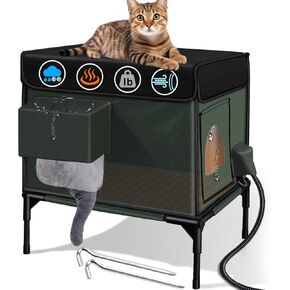 Heated Cat House for Outside Cat Insulated in Winter,Fully Waterproof,with Adjustable Awning,Escape Door,Indoor Outdoor Cat Shelter for Feral Stray Barn Cat to Stay Warm&Dry,Dark Green,13x17x20in