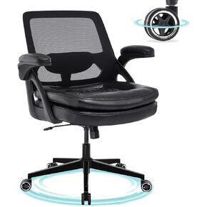 Big and Tall Office Chair, 500lbs Mesh Heavy Duty Ergonomic Desk Chair with Flip-up Armrests, Plus Size Wide Seat in PU Leather, 360 Swivel Computer Executive Task Chair for Home Office (Black)