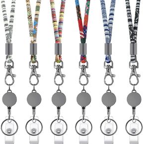 Outus 6 Pcs Boho Badge Lanyard for ID Badge Bohemian Necklace Lanyards, Metal Retractable Badge Holder with Lanyard Reel for Women Teacher Nurse(Black)