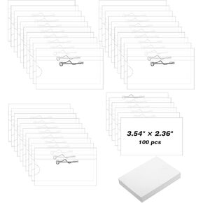 100 Pcs Name Tags with Pins, Clear Pin Style Name Badge Holders, Plastic Pin Badge Holder with 100 Pcs Inserts, Horizontal Name Tag Pins for Meeting Seminar Show Event and Conference(3.54x2.44 Inch)