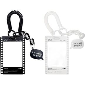 2Pcs White Black Photocard Holder Keychain ID Badge Holder Slide Cover Photo Card Holder ID Holder Film Photocard Keychain ID Card Holder Retro Photo Card Holder Keychain Badge Holders Office Supplies