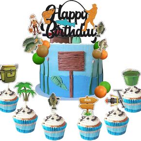 28 PCS Fishing Birthday Decor Gone Fishing Party Supplies Gone Fishing Cake Toppers Fishing Decor Trout Bass Fishing Cake Toppers Fishing cupcake Toppers