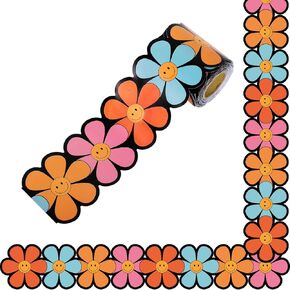 Whaline 32.8Ft Boho Smile Face Bulletin Board Borders Groovy Retro Hippie Daisy Flower Die-Cut Rolled Bulletin Board Trim for Back to School Classroom Office Chalkboard Decor