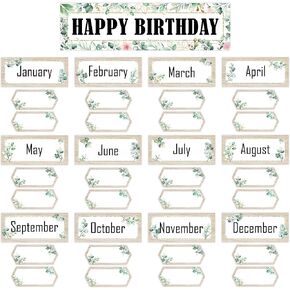 Lucleag 53 PCS Eucalyptus Birthday Cutouts for Bulletin Board Decorations, Classroom Happy Birthday Chart Name Plates Set for Wall Bulletin Board Decoration Back to School Supplies