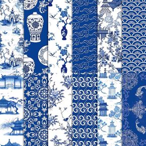 24 Sheets Chinoiserie Pattern Pad 12'' x 12'' Blue China Scrapbook Paper Blue and White Porcelain Double-Sided Cardstock Paper Pack for Scrapbooking Background Card Making Origami DIY,12 Design