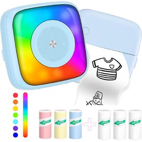Mini Printer Sticker Printer Print Pod with 6 Rolls Sticker Paper, Seven Color Lighting Modes for DIY Scrapbook, Travel, Notes, Label, Memo, Compatible with iOS&Android in Saudi Arabia