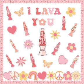 115Pcs Valentine’s Day Lava Lamp Bulletin Board Classroom Decorations Retro Groovy Flower Heart Cutouts Name Tag Lava Lamp Border Trim Chalkboard Wall Decor for School Valentines Party Supplies
