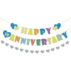 Happy Anniversary Banner, Anniversary Party Decorations, Happy Wedding Anniversary Banner with Heart Garland, Engagement Wedding Anniversary Party Decorations Supplies (A)