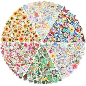 300 PCS Plant Flower Stickers for Kids, Waterproof Vinyl Flower, Sunflower, Green Leaf, Mushroom Stickers for Laptop, Phone, Skateboard, Stickers for Adults Girls and Kids（6 Styles