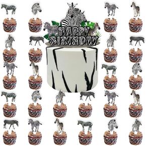 Zebra Birthday Party Decorations Supplies, Jungle Wildlife Animal Zebra Themed Cupcake Toppers Decoration Baby Shower Boys Kids Happy Birthday Cupcake Toppers Decorations (Zebra)