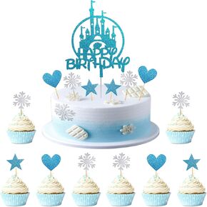 31 PCS كعكة مجمدة من القبعات العليا اللامعة كعكة عيد ميلاد الكعكة أعلى الأمير الأمير الأمير الكعكة مع نجم الثلج نجم القلب للأطفال فتيات عيد ميلاد عيد ميلاد حفلة زرقاء