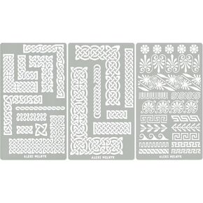 Aleks Melnyk No.36 Small Border Stencils for Bullet Journaling, Greek Key, Celtic Knot, Ornate Viking, Metal Stencils for Engraving, Pyrography, Wood Burning