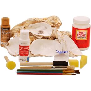 Oyster Shells for Crafts Kit 12 Large Seashells for Crafts 4-5 Inch Bundle with Decoupage Glue White Acrylic Craft Paint Gold Metallic Paint Acrylic Brush Set Beautiful Sea Shells For Decorating