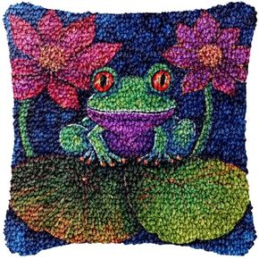 Frog & Lotus Latch Hook Pillow Cover Kits for DIY Handmade Throw Pillow Cross Stitch Latch Hook Pillowcase Rug Kits with Preprinted Color Pattern Canvas Crochet Yarn Kits 17''X 17''(m48)