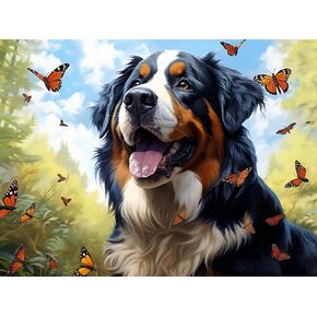 Bernese Mountain Playing Butterflies 5D Diamond Art Painting Kits, Round Full Drill Diamond Art DIY Paint by Diamond Number Kits for Beginners Crystal Cross Stitch for Wall Decoration 12x16inch
