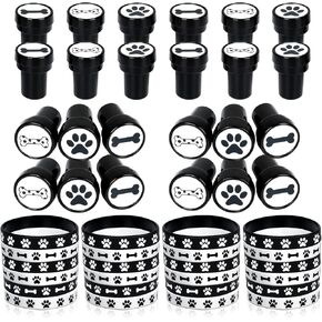 48 PCS أسود باو طباعة الأساور المطاطية الطوابع لصالح PAW Print Party Set 24 Dog Paw Rubber Bracelets 24 Paw Print Stamps for Puppy Dog Paw Party Form