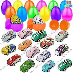 12 Pack Prefilled Easter Eggs Filled with Pull Back Car Toys, Colorful Easter Eggs Vehicle for Kids Boys Toddlers Easter Basket Stuffers Surprise Egg Hunt Easter Eggs Filler Gift Easter Party Favors