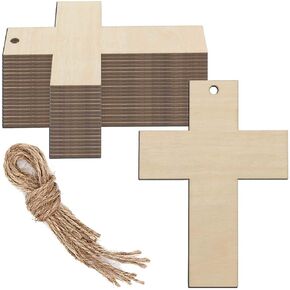 JANOU 20pcs Cross Shaped Wood DIY Craft Cutouts Cross Unfinished Wood Tags Ornaments with Ropes for Wedding Birthday Happy Easter Party Decoration, 3.9x2.8 in