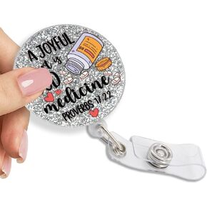 A Joyful Heart is Good Medicine Proverbs 17:22 Retractable Badge Reel with Glitter, Funny Bible Verse Badge Holder for Jesus Lover Nurse, Nurse Badge Gifts, Doctors Pharmacist Christian Gifts
