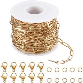 SUNNYCLUE 32.8 Feet Gold Paper Clip Chain Bulk Jewelry Paperclip Chain 18K Gold Plated Stainless Steel 12mm Oval Paper Clip Roll Spool Link Chains Kits for Jewelry Making Bracelet Necklace DIY Craft