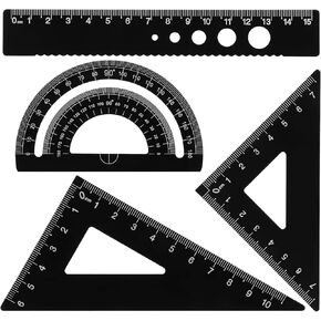 Geometry Set Triangular Metal Ruler Set, Aluminum Alloy Geometry Set 4pcs Protractor Drafting Ruler, Metal Geometric Protractor Measuring Tool for Student School Home Office Draftsman Engineers(Black)