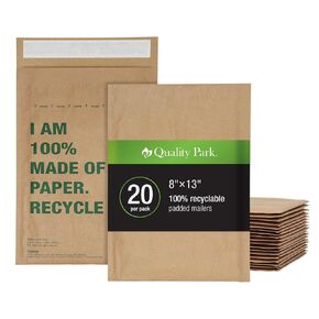 Quality Park 8 x 13 Curbside Recyclable Mailers, Brown Kraft Paper Padded Mailers, Self Seal Closure is Made with Water Based Glue, 100% Recyclable Materials, 20 Pack (1009462)