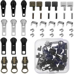 39 Pcs Zipper Repair Kit Zipper Slider Replacement with Pull Metal Zipper Retainer Box Insertion Pin 6 Sets, Replacement Zipper Bottom Top Stop, Metal, Plastic, Nylon Coil Zippers Head FIx on Jaceket