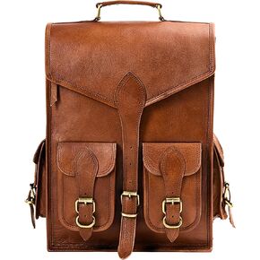 Genuine Leather Backpack for Men, 15 Inch Laptop Bag, Leather Travel Backpack for Women, Vintage Designer Bookbag, Archeology Art Work & Hiking Rucksack - Brown
