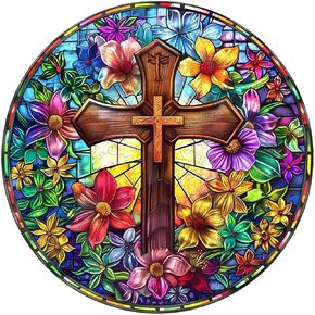 Jigfoxy Wooden Puzzles for Adults, Stained Glass Cross Wood Puzzles Adult, Unique Animal Shape Wooden Jigsaw Puzzles for Adults, Birthday Gifts for Puzzle Lovers, Family (S-8.5 * 8.5in-100pcs)